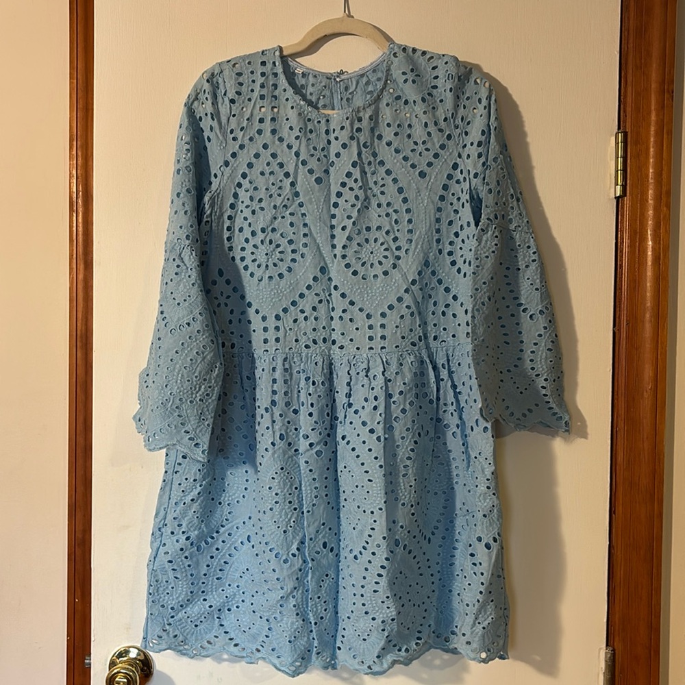 Sky blue eyelet dress with bell sleeves, like new